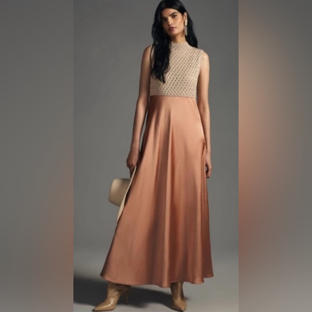 Anthropologie Mare Mare x Sleeveless Maxi Dress Mock Neck Crochet Faux Silk 2X